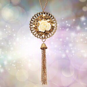 Vintage-Style Floral Medallion Tassel Necklace – Gold Tone Rose & Faux Pearls